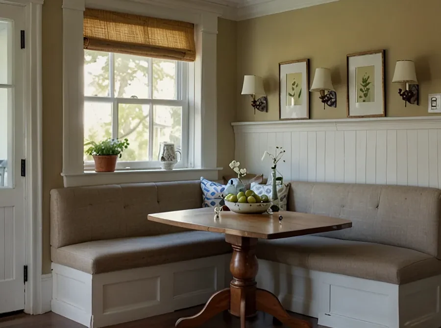 A small dining nook with banquette seating