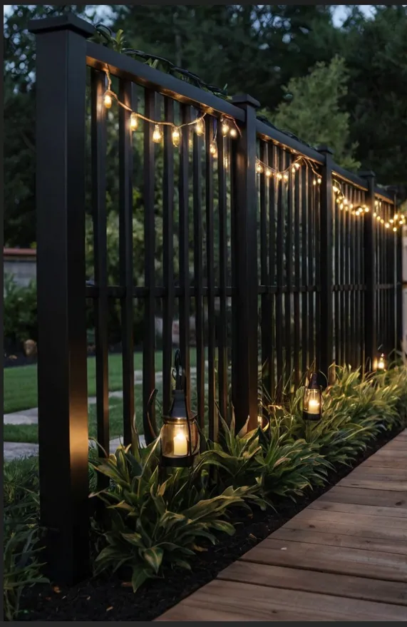 Black Fence with String Lights
